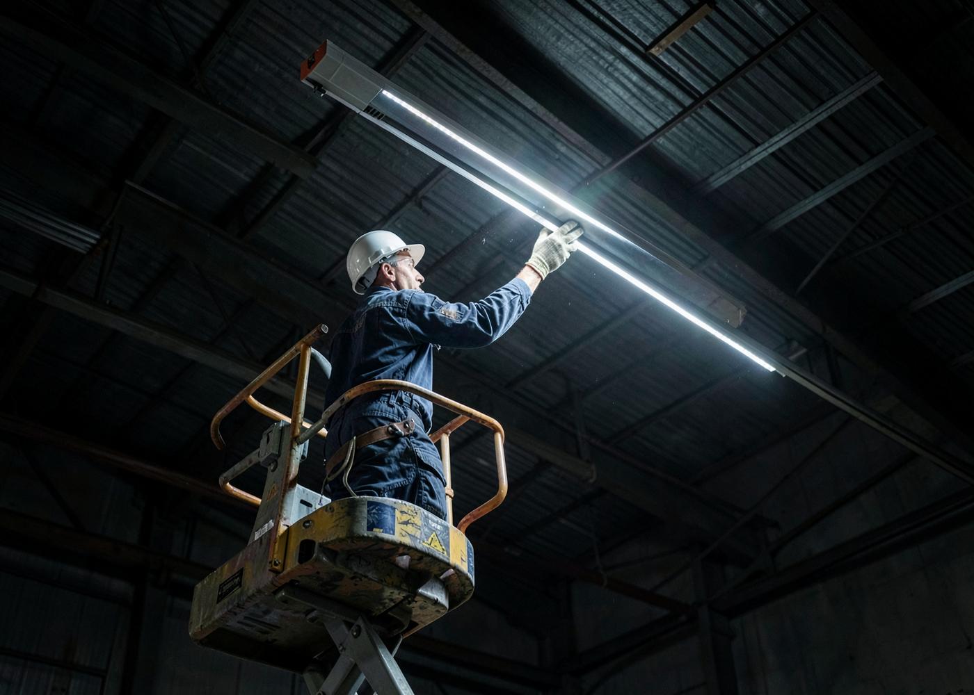 Techniker montiert ein LED-Lichtband in einer Industriehalle